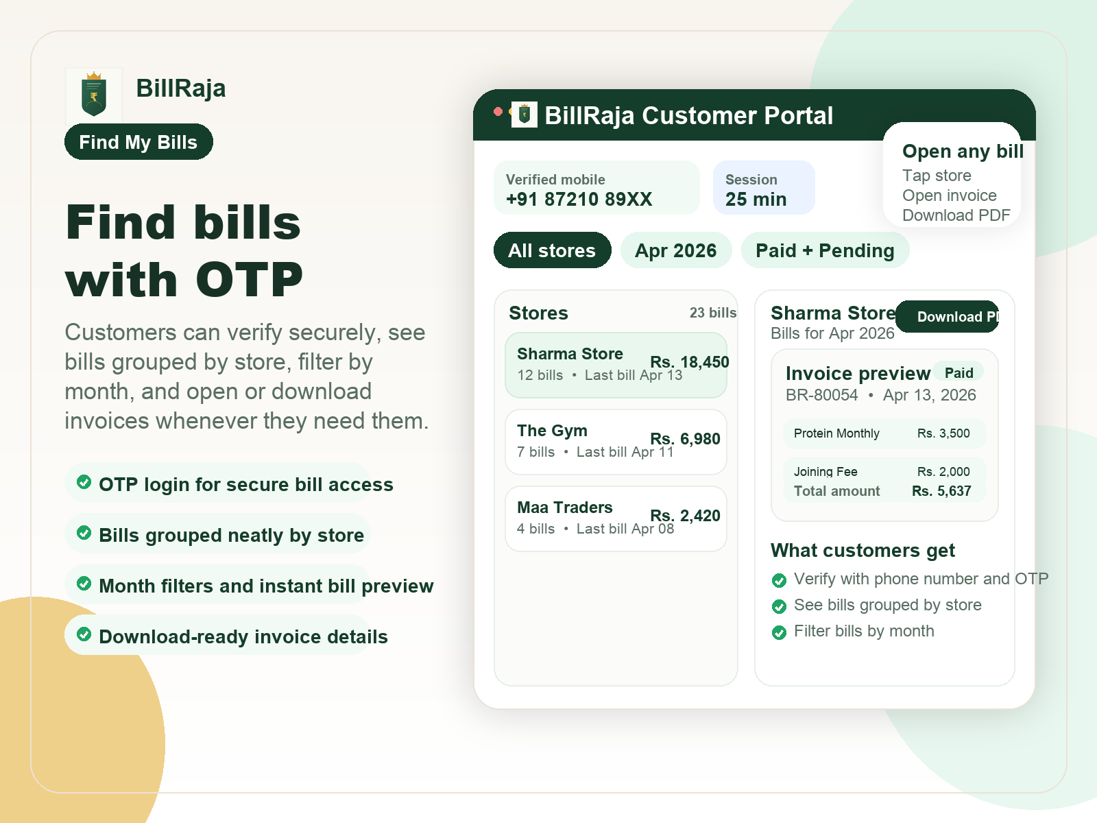 BillRaja customer bill portal image for finding old bills, receipts and GST invoices by phone number.