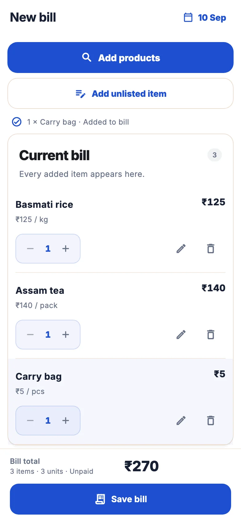 BillRaja sample bill for rice, tea and a carry bag, totalling 270 rupees