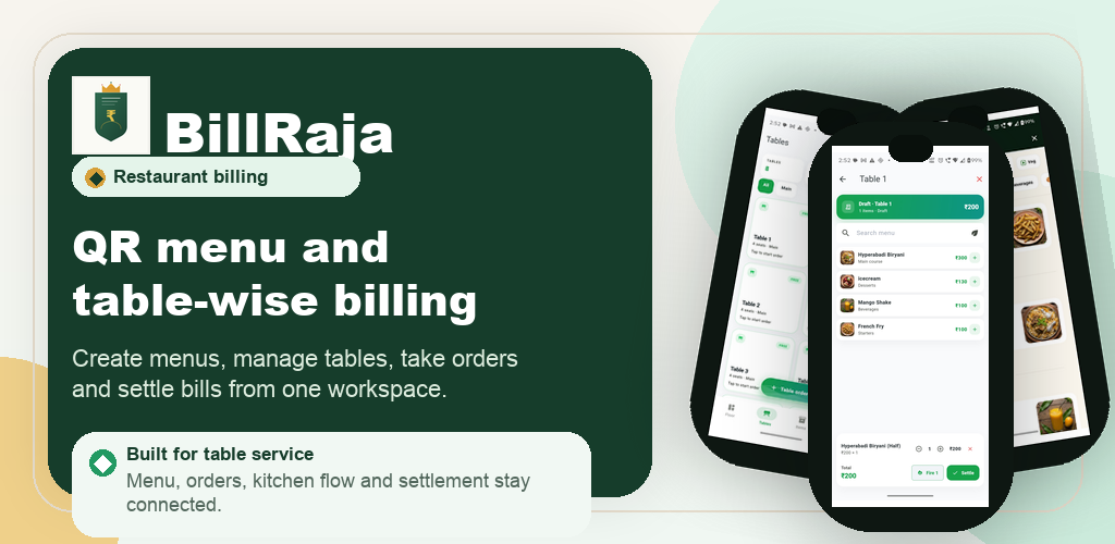 BillRaja restaurant QR menu feature image showing dish photos, table orders and restaurant billing.