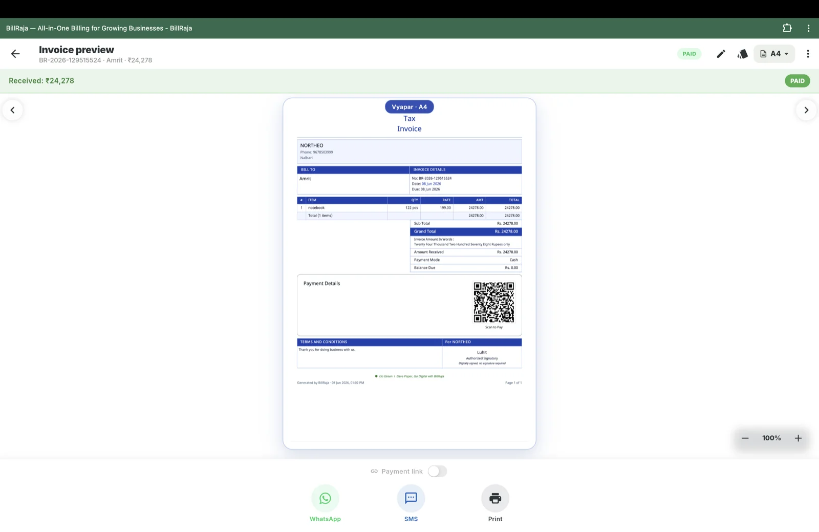 BillRaja freelancer service bill with client work, price, payment status and a clean invoice preview.