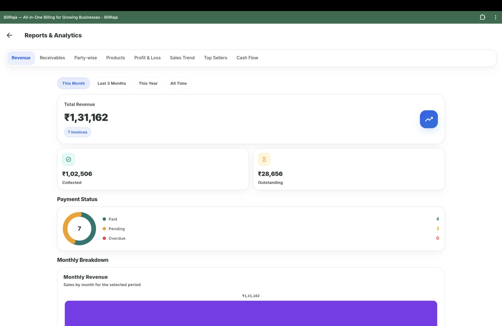 BillRaja reports and analytics on the web with revenue, payment status and monthly breakdown.
